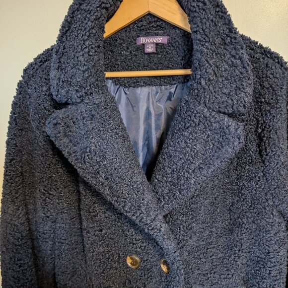 Roaman’s Plus Size Navy Sherpa Fleece Double-Breasted Coat | 1X - Picture 2 of 14